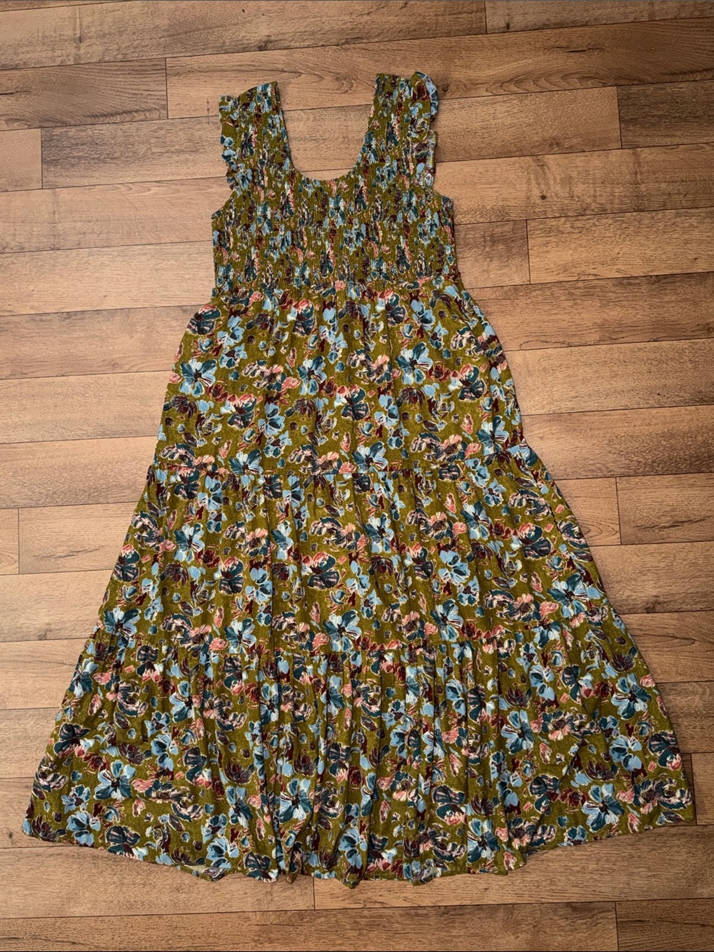 Natural Life Size Large Olivia Smocked Maxi Dress In Olive Floral Vacation Comfy - Picture 4 of 14